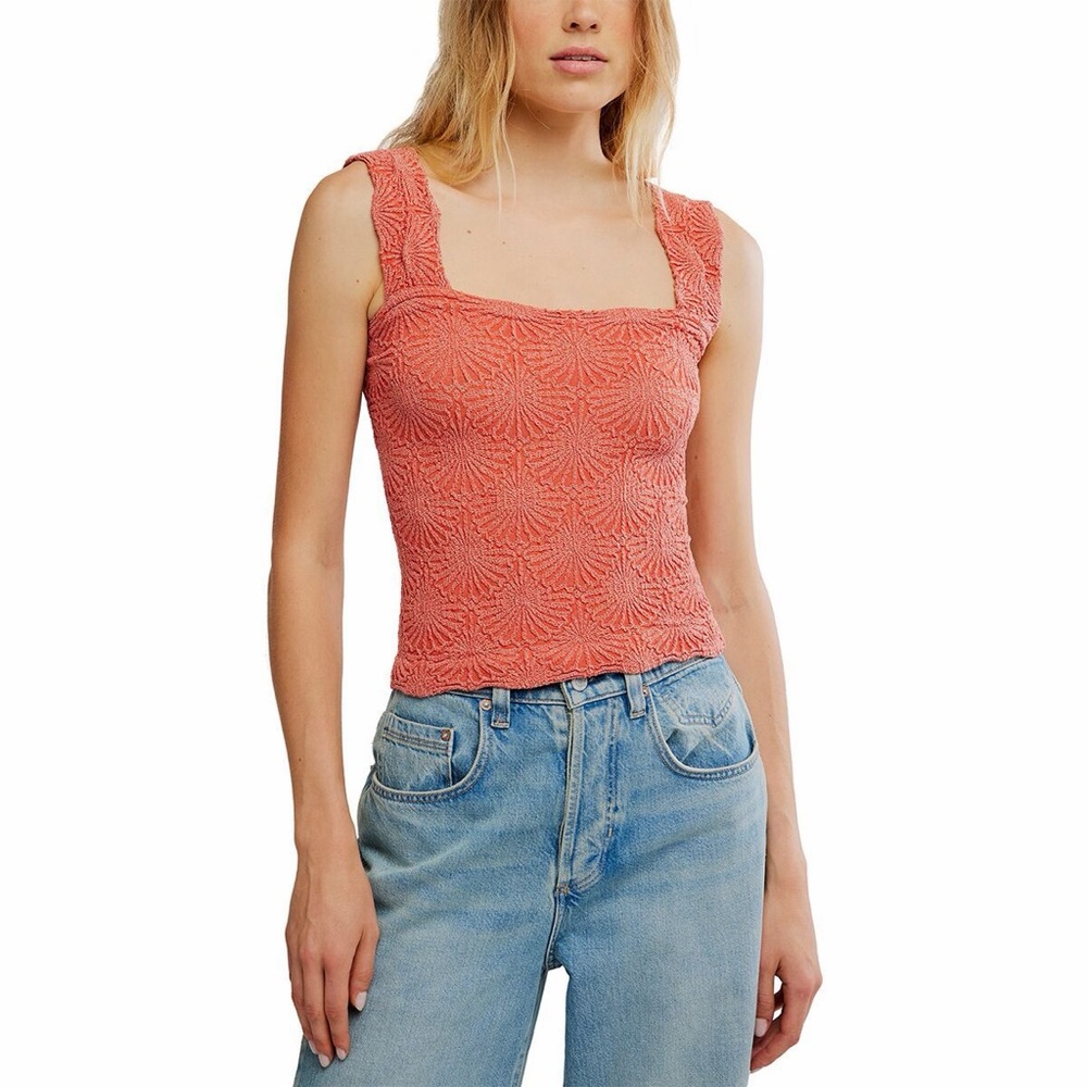 Crochet Square-Neck Tank Top - Coral